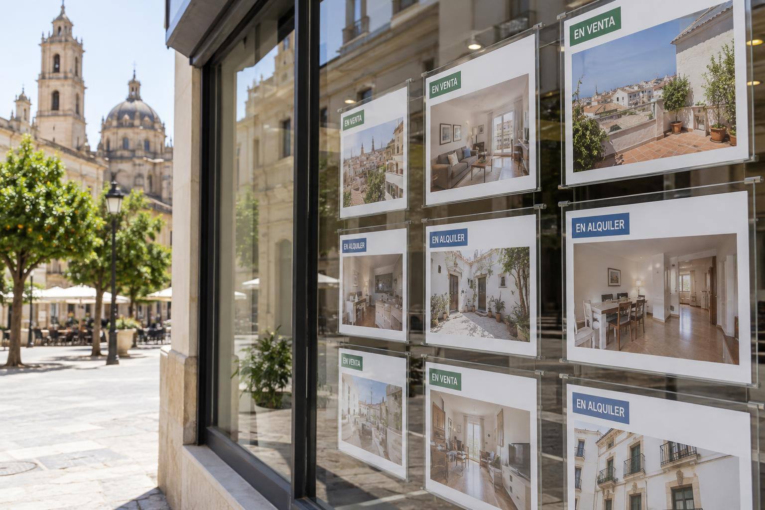 Imagen ilustrativa: escaparate de una inmobiliaria con anuncios de viviendas en venta y alquiler, sin personas reconocibles