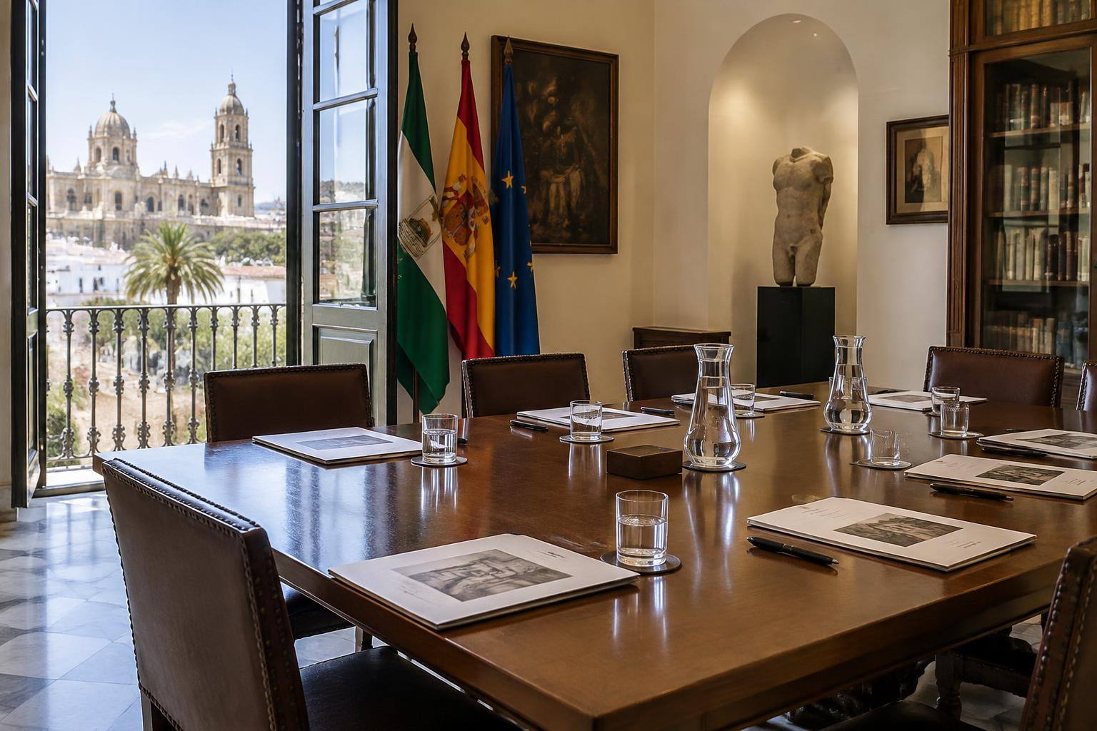 Imagen ilustrativa: Sala de reuniones de una institución cultural con una mesa y documentación, sin personas