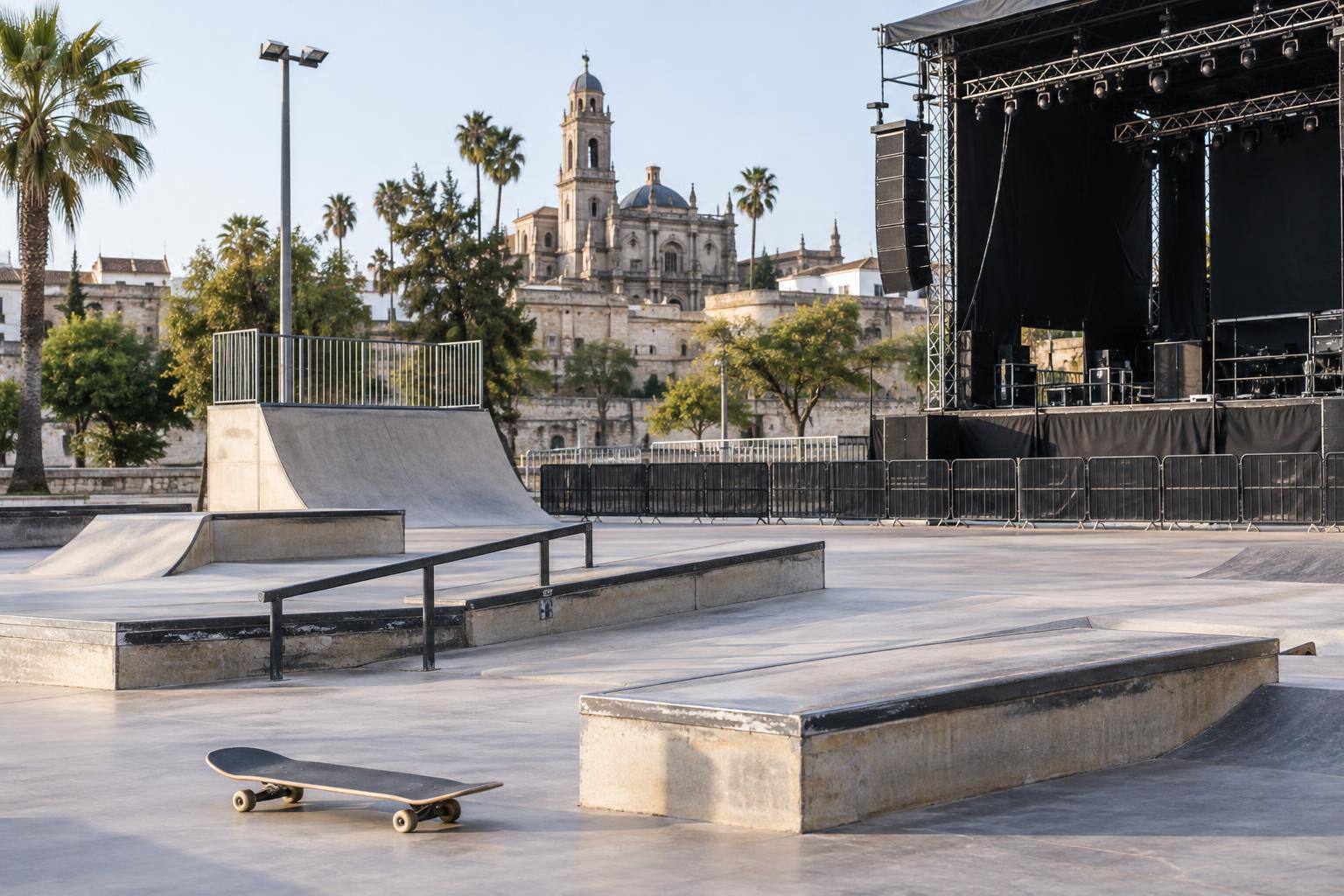 Imagen ilustrativa: Pista de skate con rampas, barandillas y tablas junto a una zona de escenario, sin personas reconocibles.