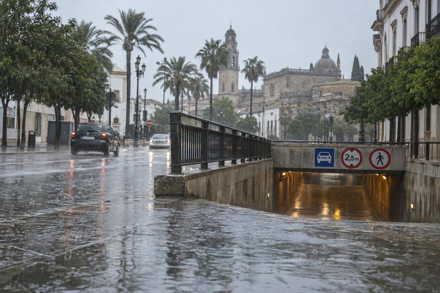 Imagen ilustrativa: Calle urbana bajo lluvia intensa con agua acumulada y un paso subterráneo señalizado, sin personas reconocibles