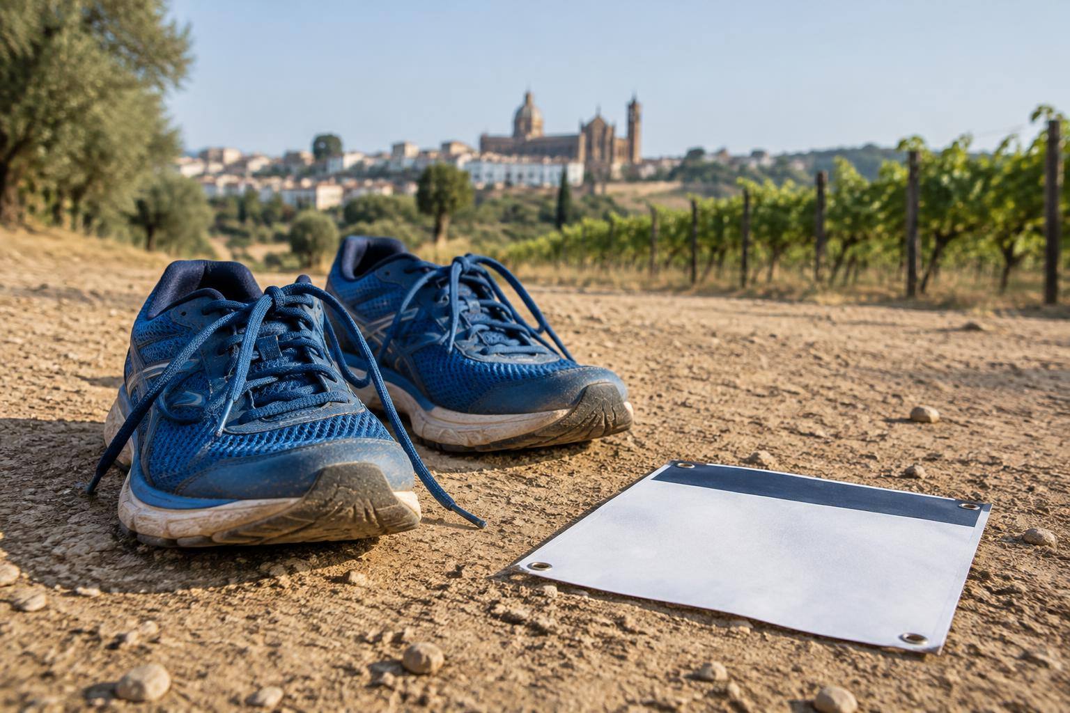Imagen ilustrativa: Zapatillas de carrera junto a un dorsal sin datos identificativos sobre una pista de tierra en un entorno rural.