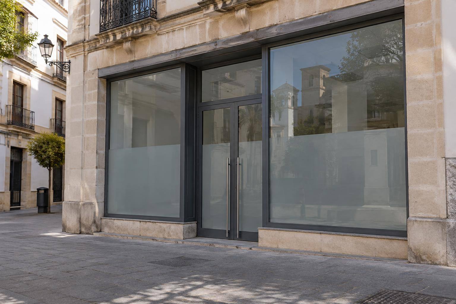 Imagen ilustrativa: Fachada de un local de oficinas cerrado en la planta baja de un edificio del centro urbano, sin personas reconocibles.