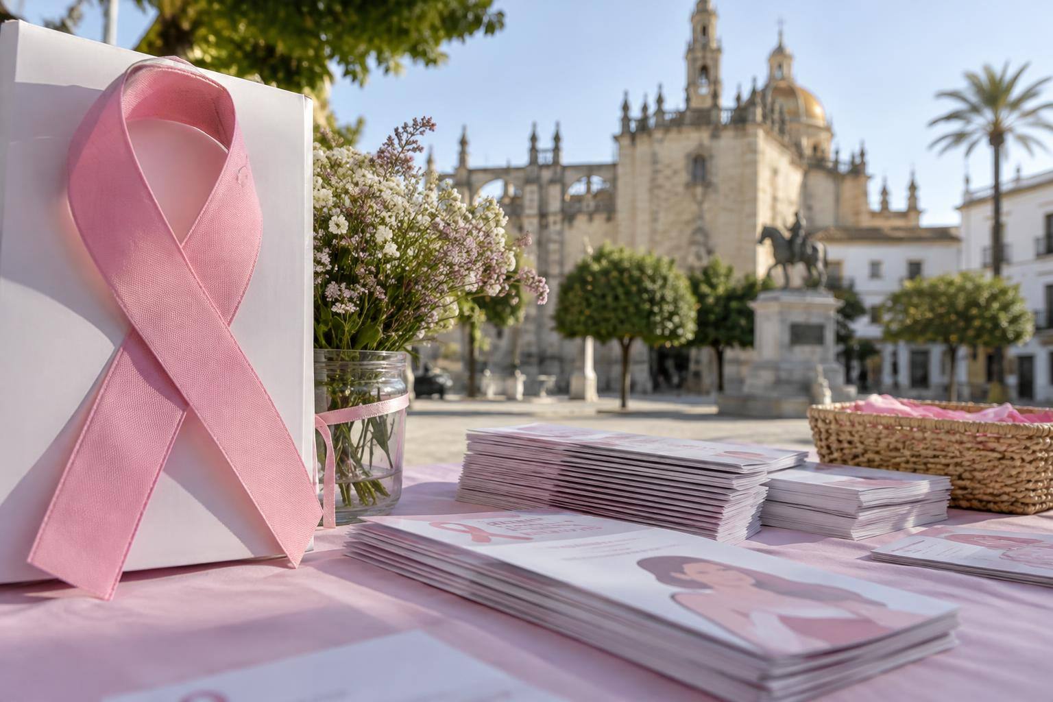 Imagen ilustrativa: Lazo rosa sobre una mesa informativa con folletos de apoyo a pacientes, sin personas reconocibles