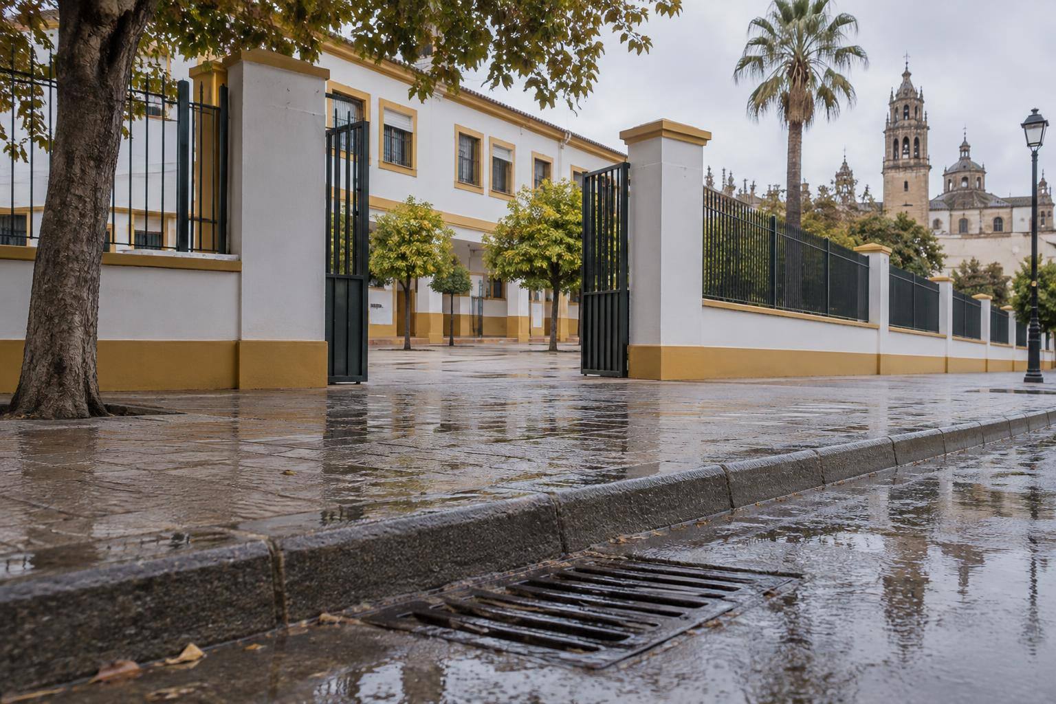 Imagen ilustrativa: Exterior de un colegio con acceso peatonal, pavimento húmedo y una rejilla de alcantarillado, sin personas.