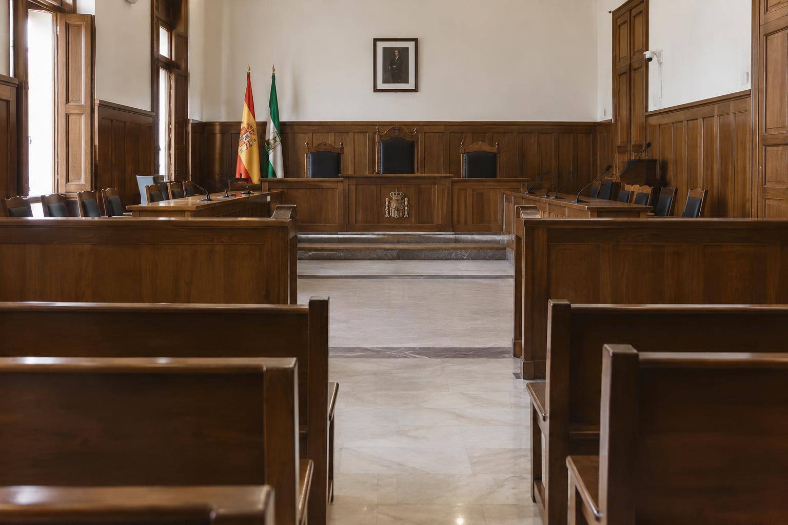 Imagen ilustrativa: Interior de una sala de vistas vacía, con estrado y bancos de madera, sin personas ni documentos identificables