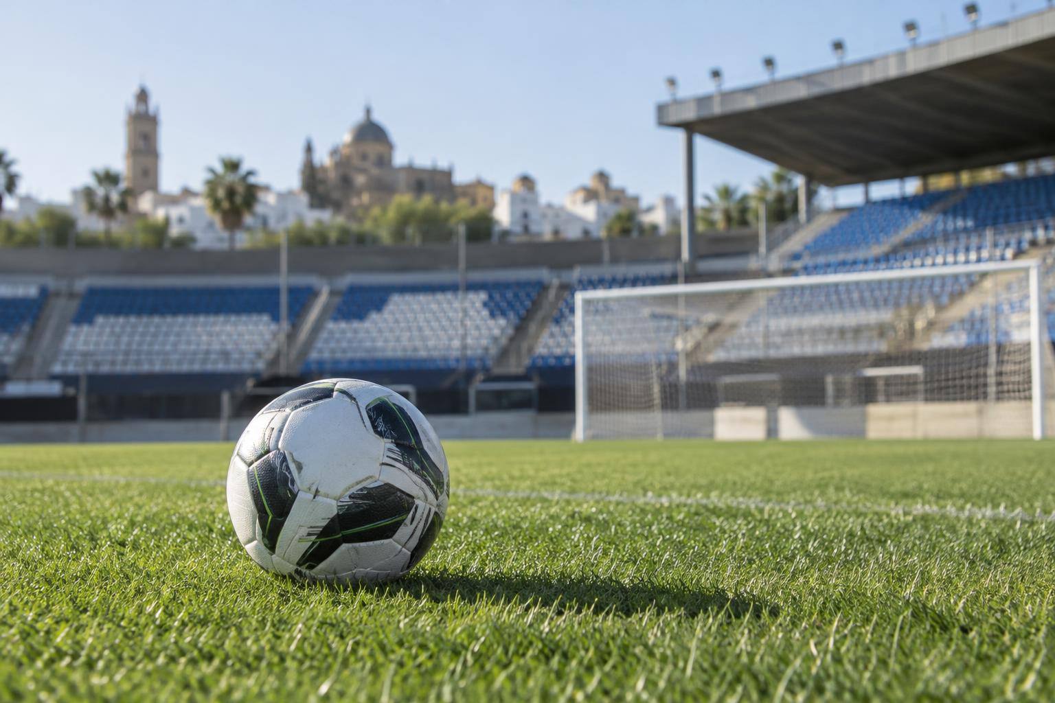 Imagen ilustrativa: Balón de fútbol sobre el césped de un estadio, con una portería y gradas desenfocadas al fondo, sin personas reconocibles.
