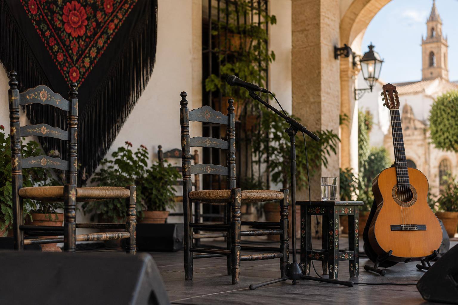 Imagen ilustrativa: Escenario de una peña flamenca con sillas de madera, un micrófono y una guitarra, sin personas.