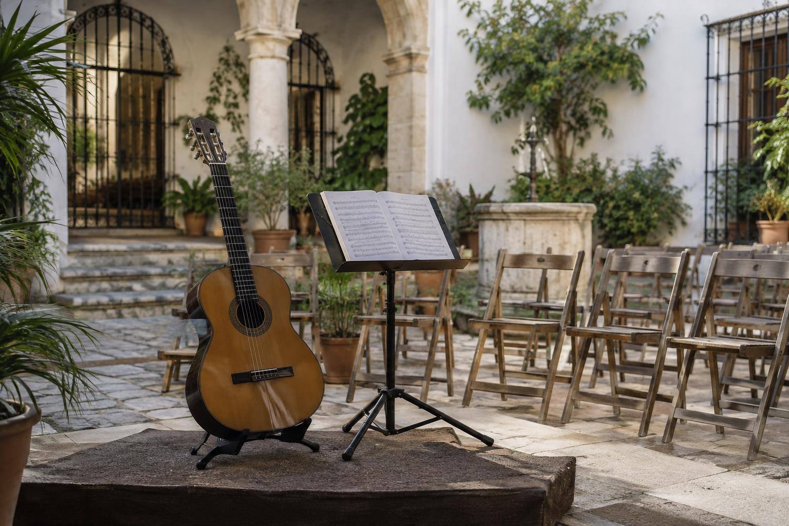 Imagen ilustrativa: Guitarra clásica junto a un atril en un patio interior preparado para un recital, con sillas vacías y sin personas.