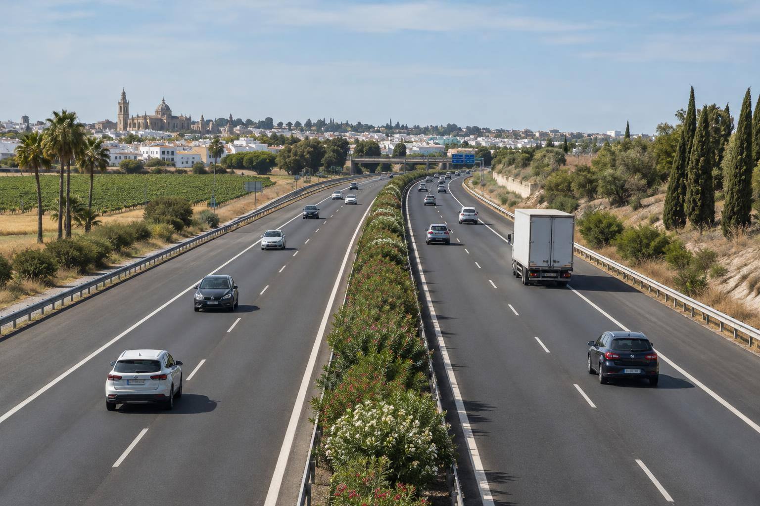 Imagen ilustrativa: Tramo genérico de autopista con dos calzadas separadas por una mediana de arbustos y vehículos a distancia, sin matrículas legibles ni personas reconocibles.