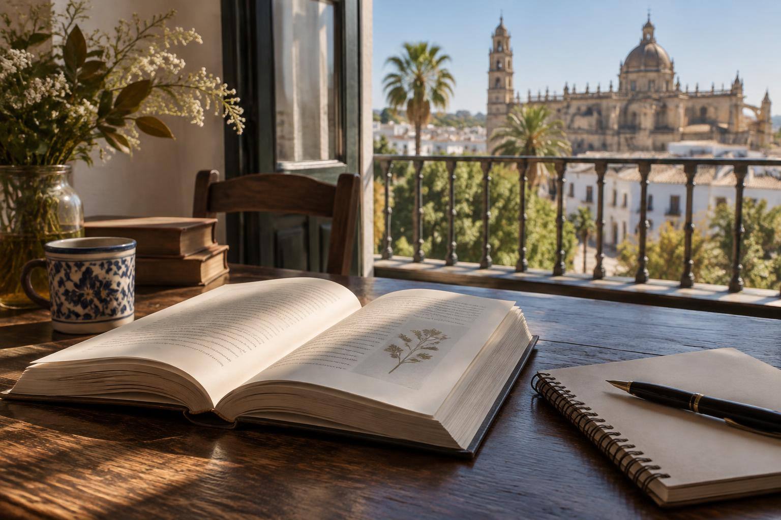 Imagen ilustrativa: Un libro de poemas abierto junto a un cuaderno y una pluma sobre una mesa de lectura, sin texto legible