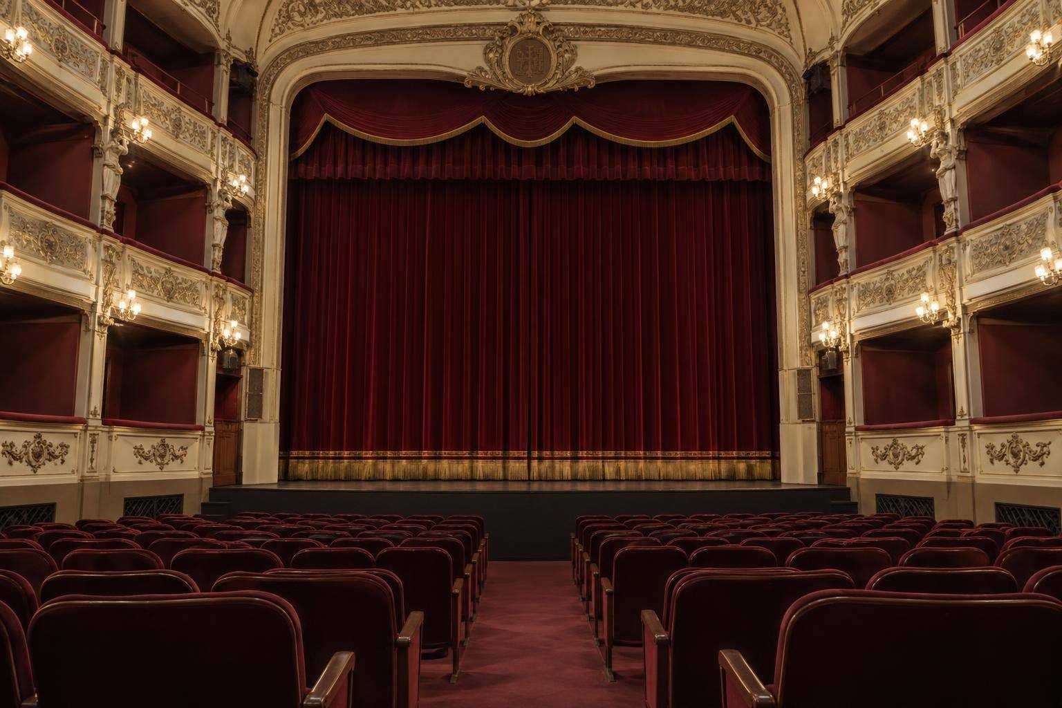 Imagen ilustrativa: Interior de un teatro con filas de butacas vacías y un escenario con el telón cerrado.