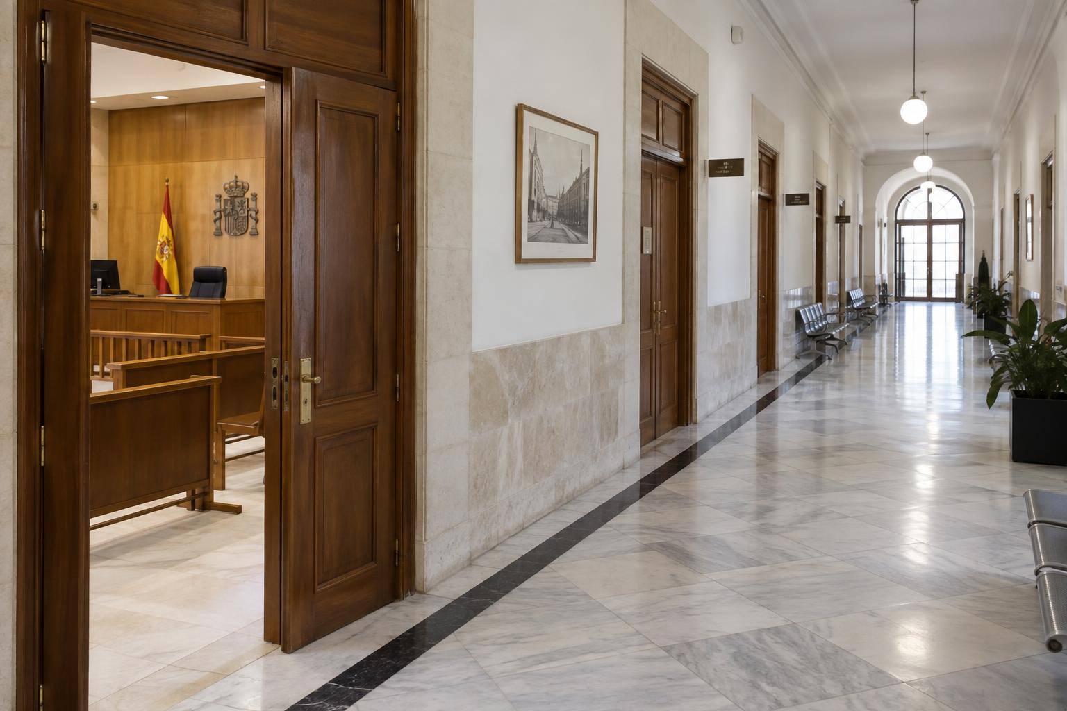 Imagen ilustrativa: Pasillo de una sede judicial con puertas de salas de vistas, sin personas reconocibles