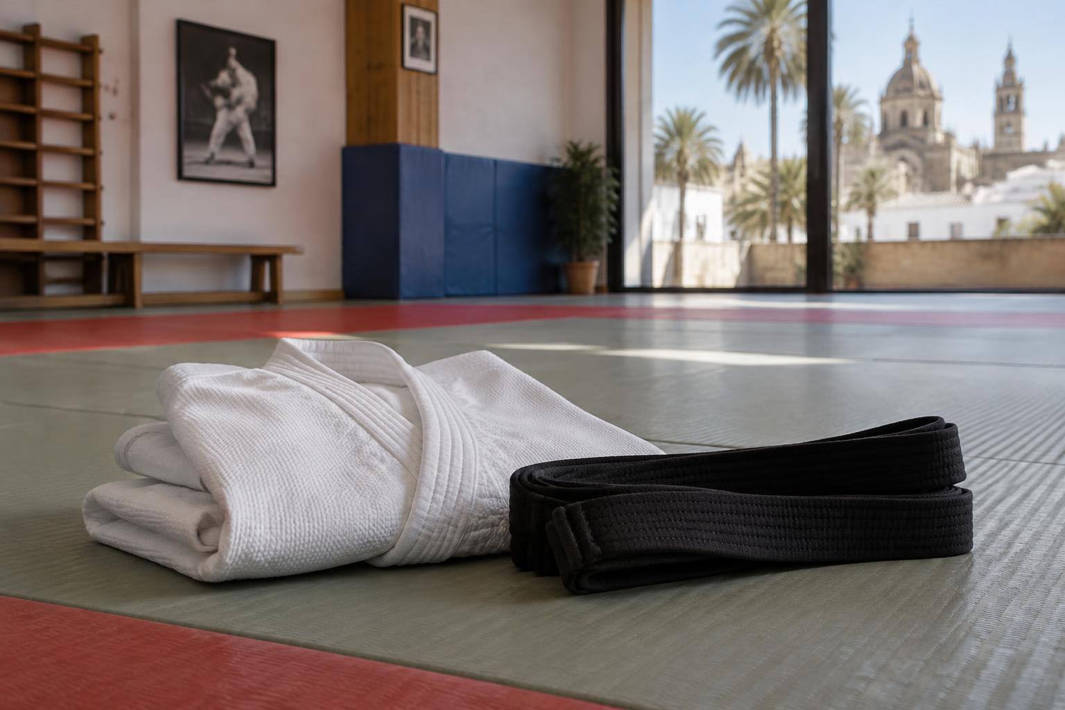 Imagen ilustrativa: Tatami de una sala de judo con un judogi y un cinturón doblados, sin personas.
