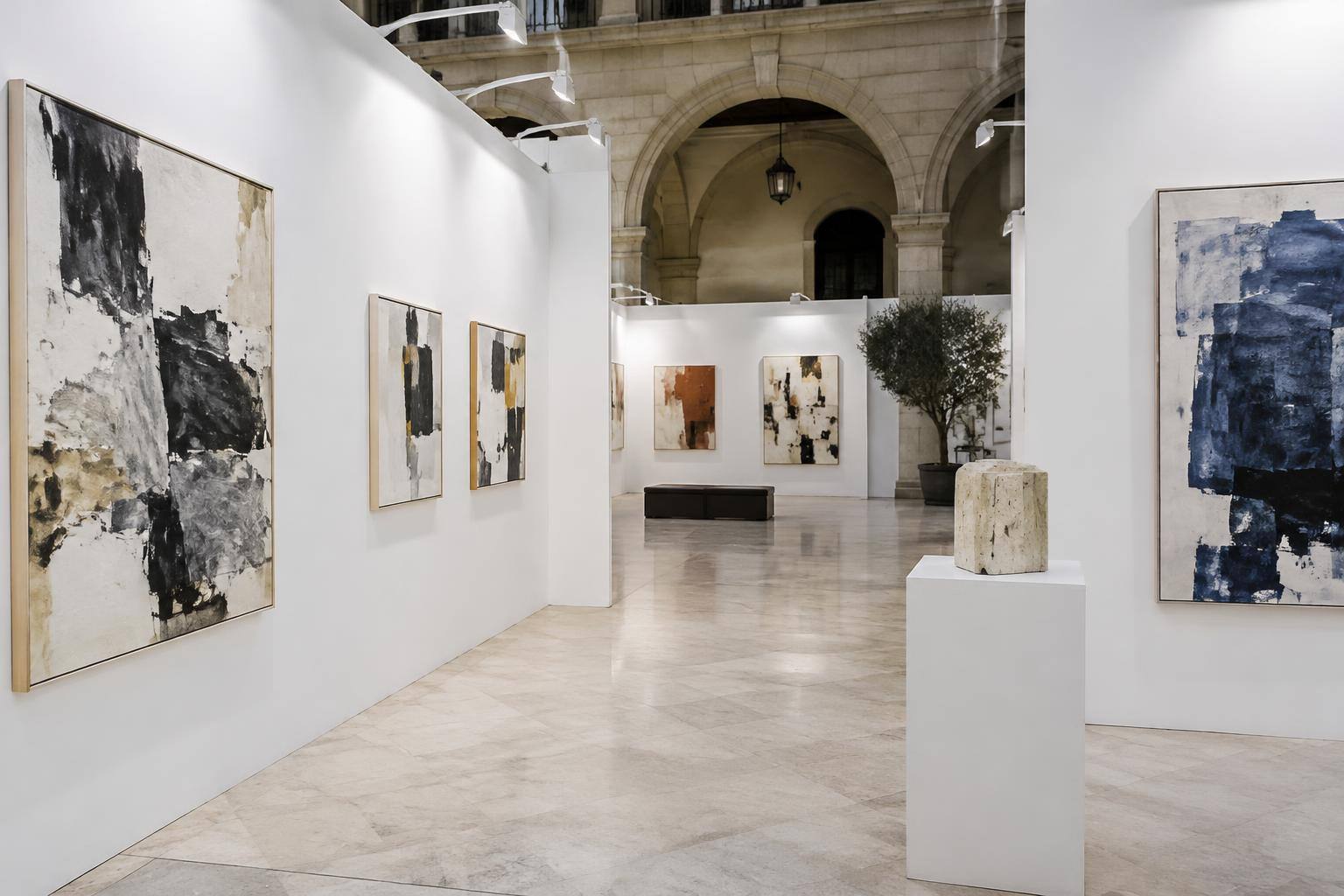 Imagen ilustrativa: Espacio expositivo de una feria de arte contemporáneo con pinturas abstractas en paredes blancas, sin personas reconocibles.