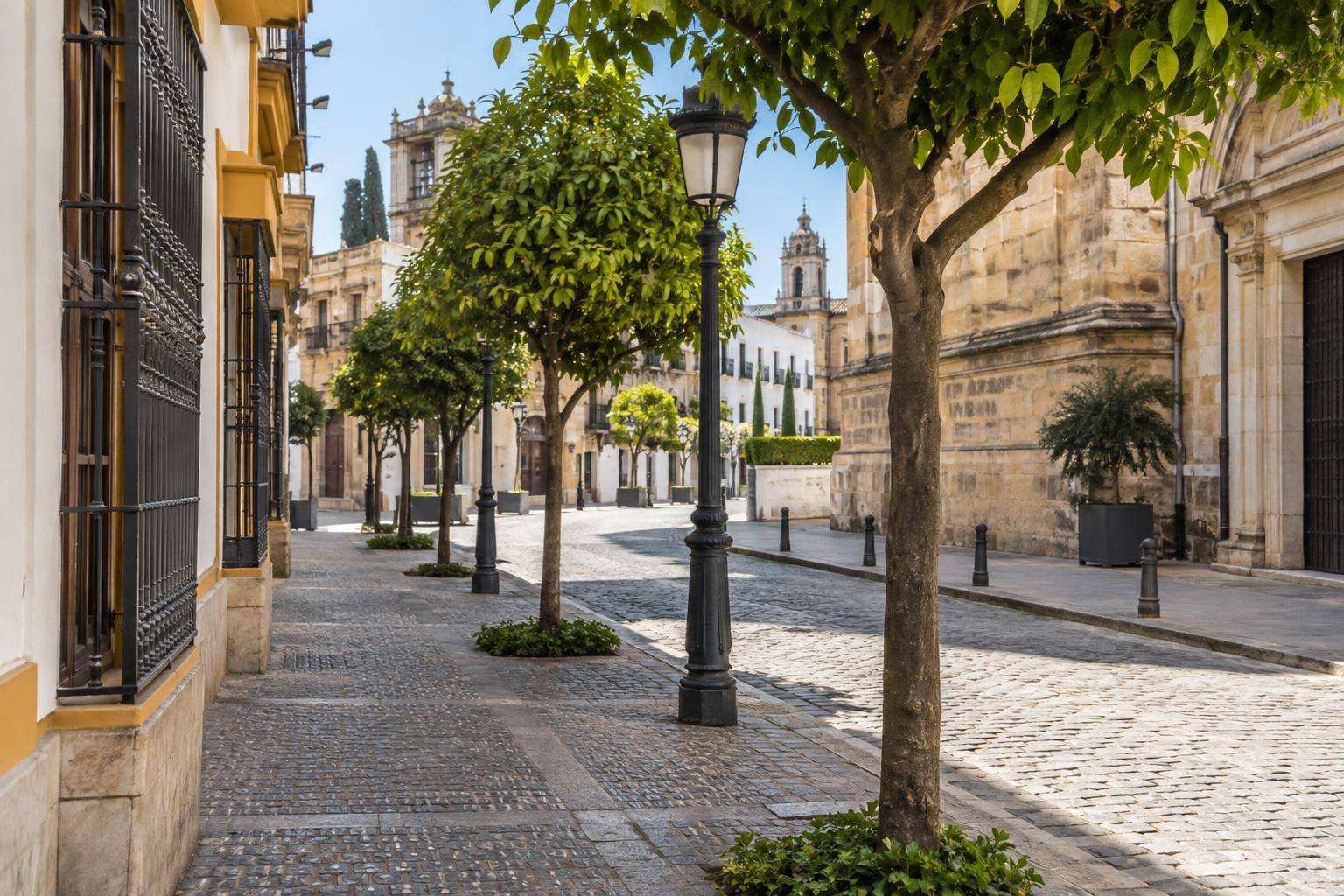 Imagen ilustrativa: Acera de una calle de barrio histórico andaluz, con pavimento adoquinado, alcorques y farolas, sin personas reconocibles.