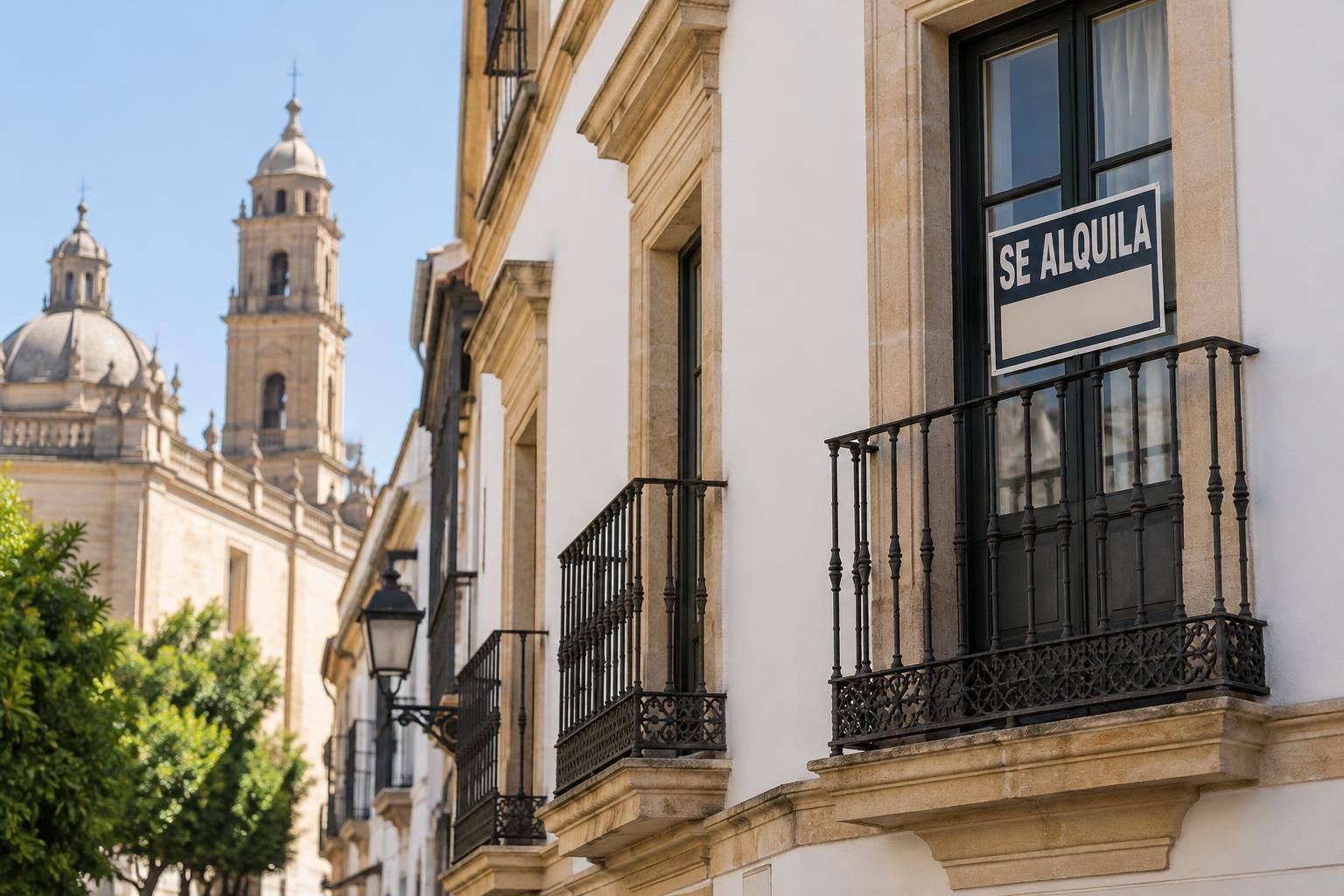 Imagen ilustrativa: Fachada de un edificio residencial con un cartel de alquiler en una ventana, sin personas reconocibles.