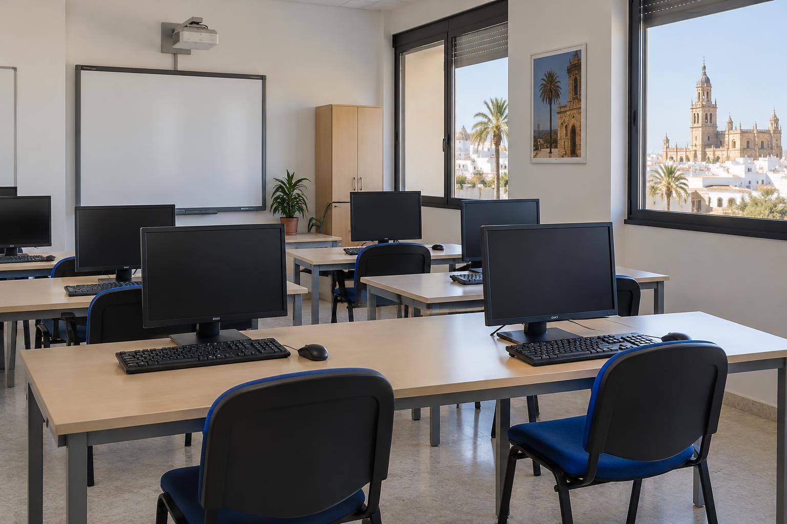 Imagen ilustrativa: Aula de un centro de formación con mesas, sillas y ordenadores, sin personas ni marcas visibles