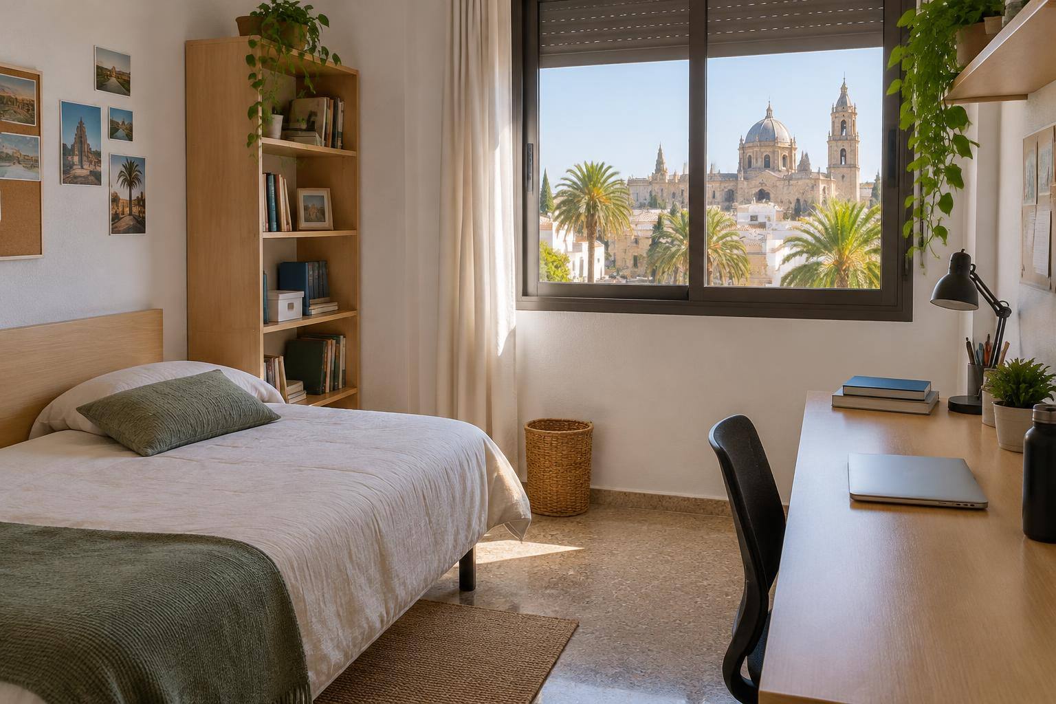 Imagen ilustrativa: Habitación de una residencia universitaria con cama, escritorio y estantería, sin personas.