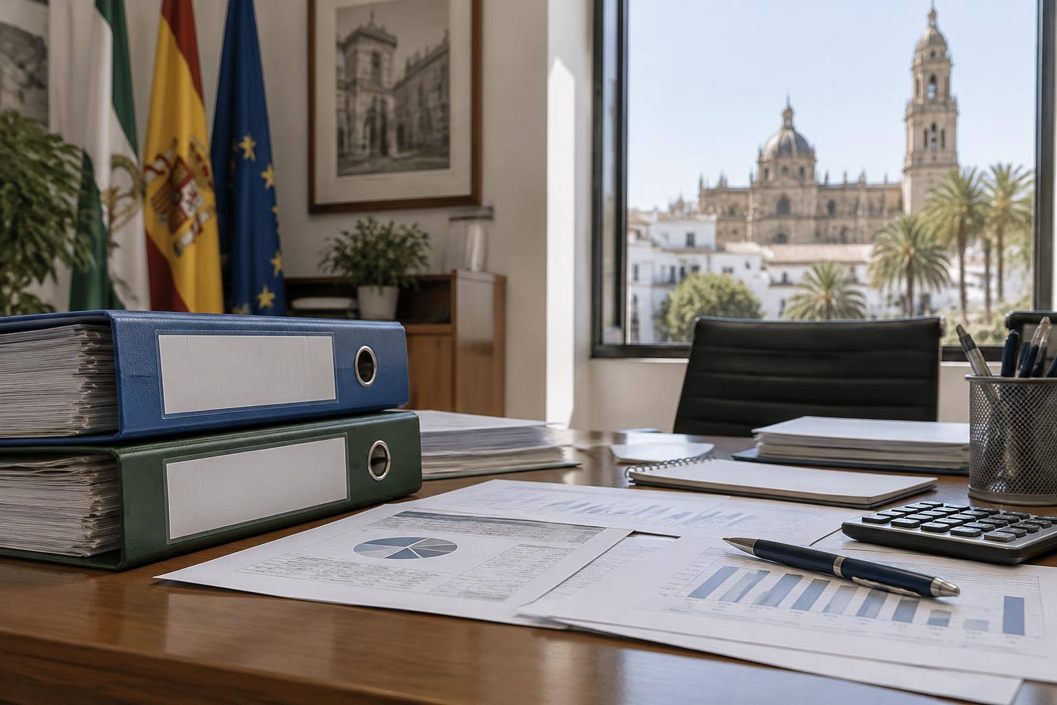 Imagen ilustrativa: Mesa de una oficina administrativa con carpetas y documentación presupuestaria, sin personas ni datos identificables.