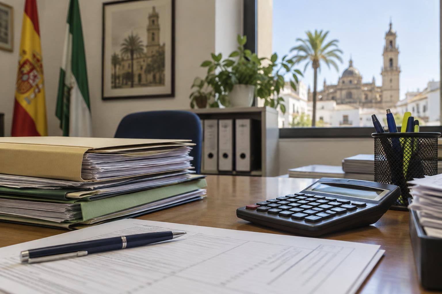 Imagen ilustrativa: Mesa de una oficina administrativa con carpetas de expedientes y una calculadora, sin personas ni datos identificables.