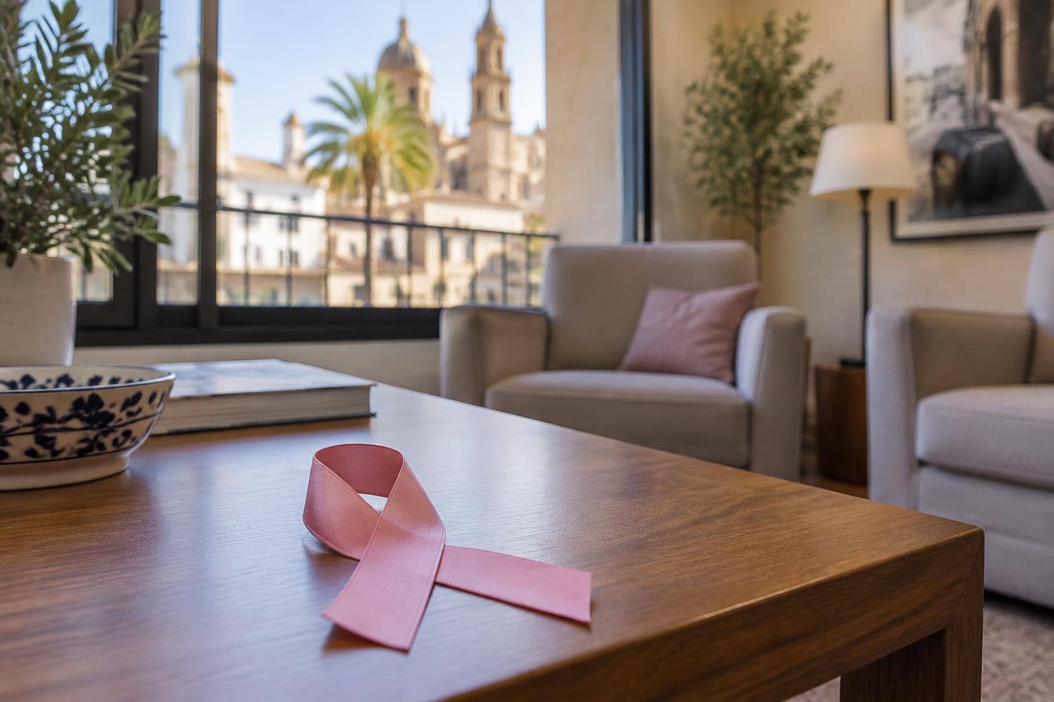 Imagen ilustrativa: Un lazo rosa sobre una mesa junto a asientos de una sala de encuentro, sin personas ni textos identificables