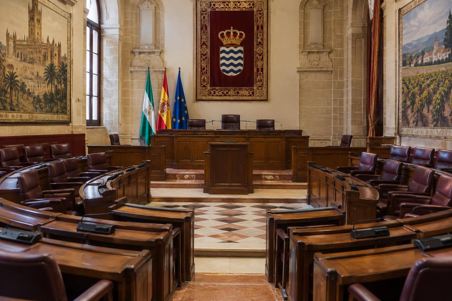 Imagen ilustrativa: Interior de una cámara parlamentaria con escaños vacíos y una tribuna, sin personas reconocibles.