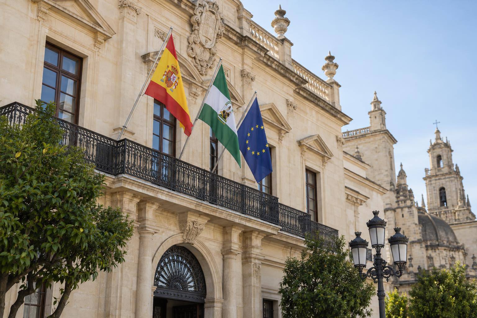 Imagen ilustrativa: Fachada de un edificio administrativo con banderas de España, Andalucía y la Unión Europea, sin personas reconocibles