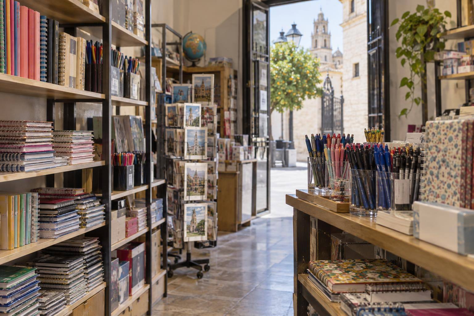Imagen ilustrativa: Interior de una pequeña papelería con estanterías de cuadernos y material de escritura, sin personas reconocibles.