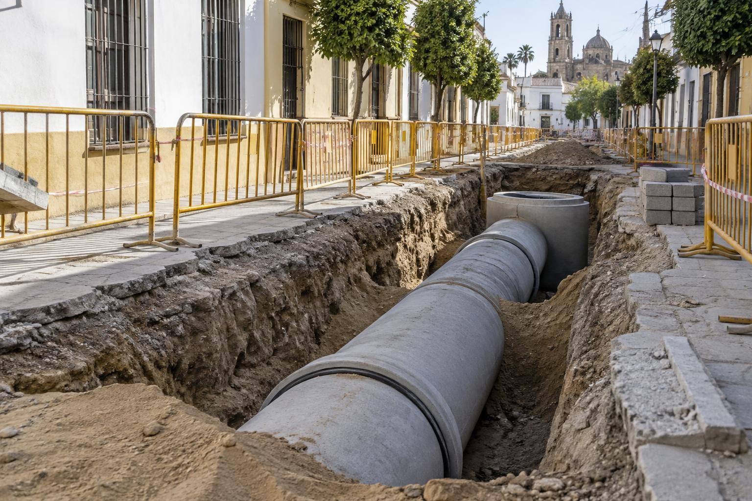 Imagen ilustrativa: Zanja de una obra de saneamiento en una calle residencial, con tuberías de gran diámetro y vallas de protección, sin personas reconocibles.
