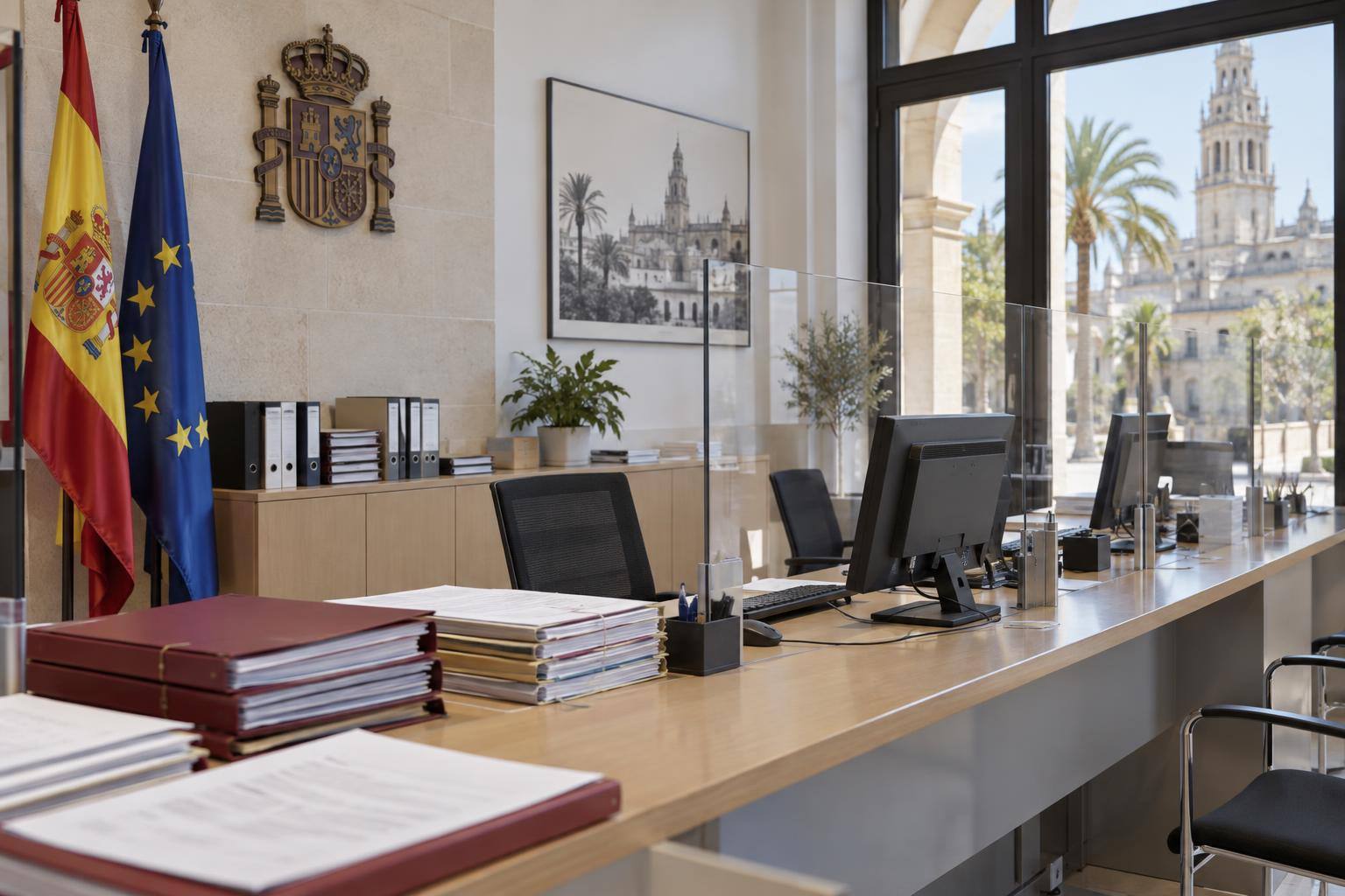 Imagen ilustrativa: Mostrador de una oficina consular española con carpetas de expedientes y puestos informáticos, sin personas reconocibles