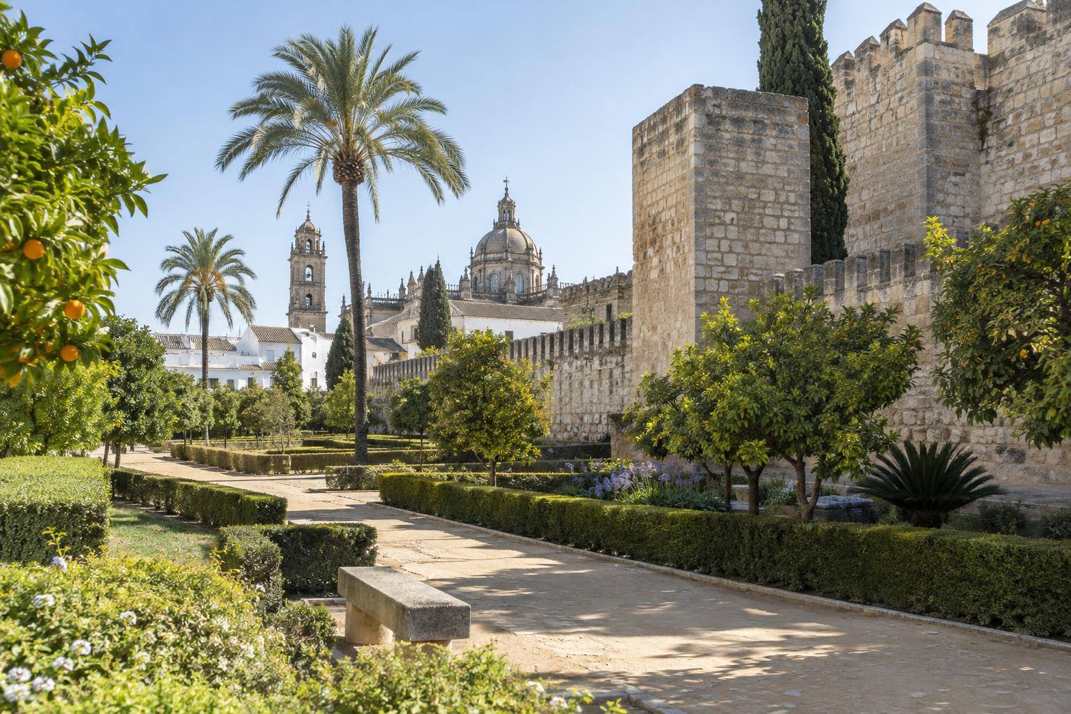 Imagen ilustrativa: Jardines de un recinto monumental andaluz con murallas y caminos peatonales, sin personas reconocibles.