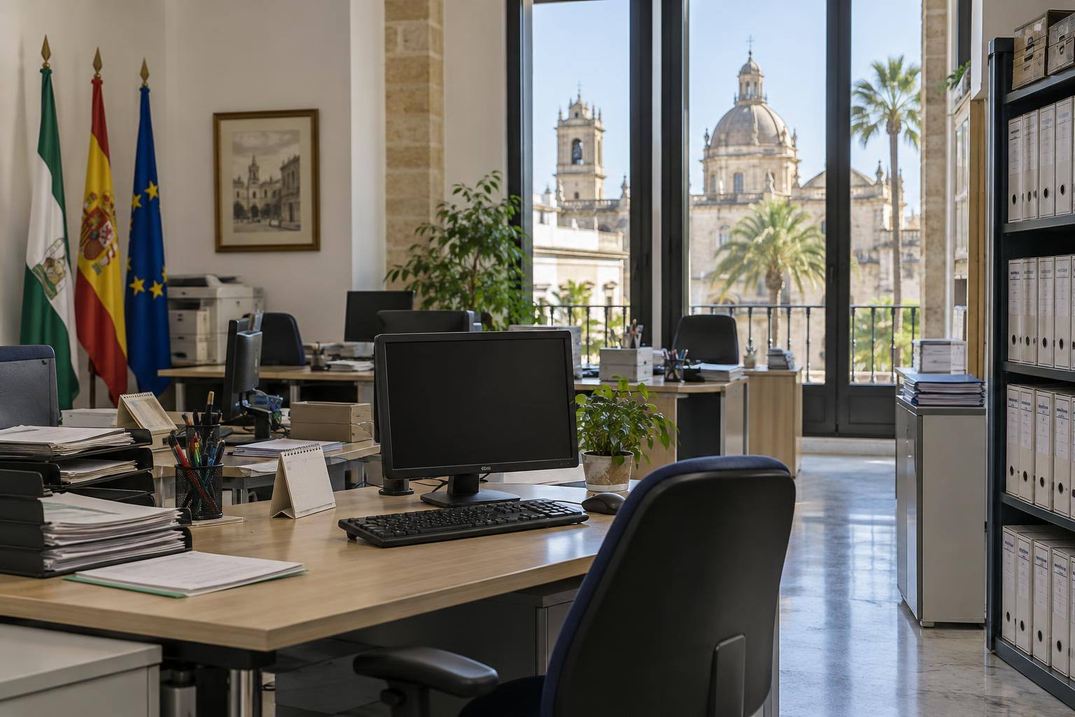 Imagen ilustrativa: Interior de una oficina administrativa pública con mesas de trabajo, ordenadores y archivadores, sin personas reconocibles