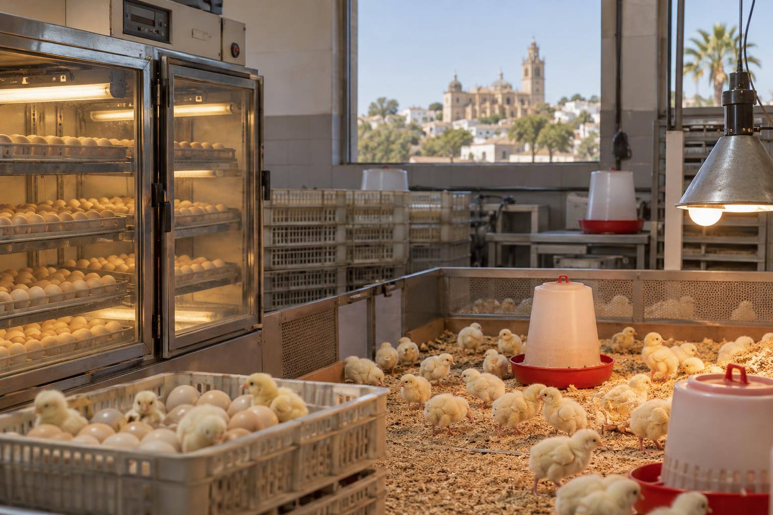 Imagen ilustrativa: Instalación de cría de aves con incubadoras y recipientes de alimento, sin personas reconocibles.