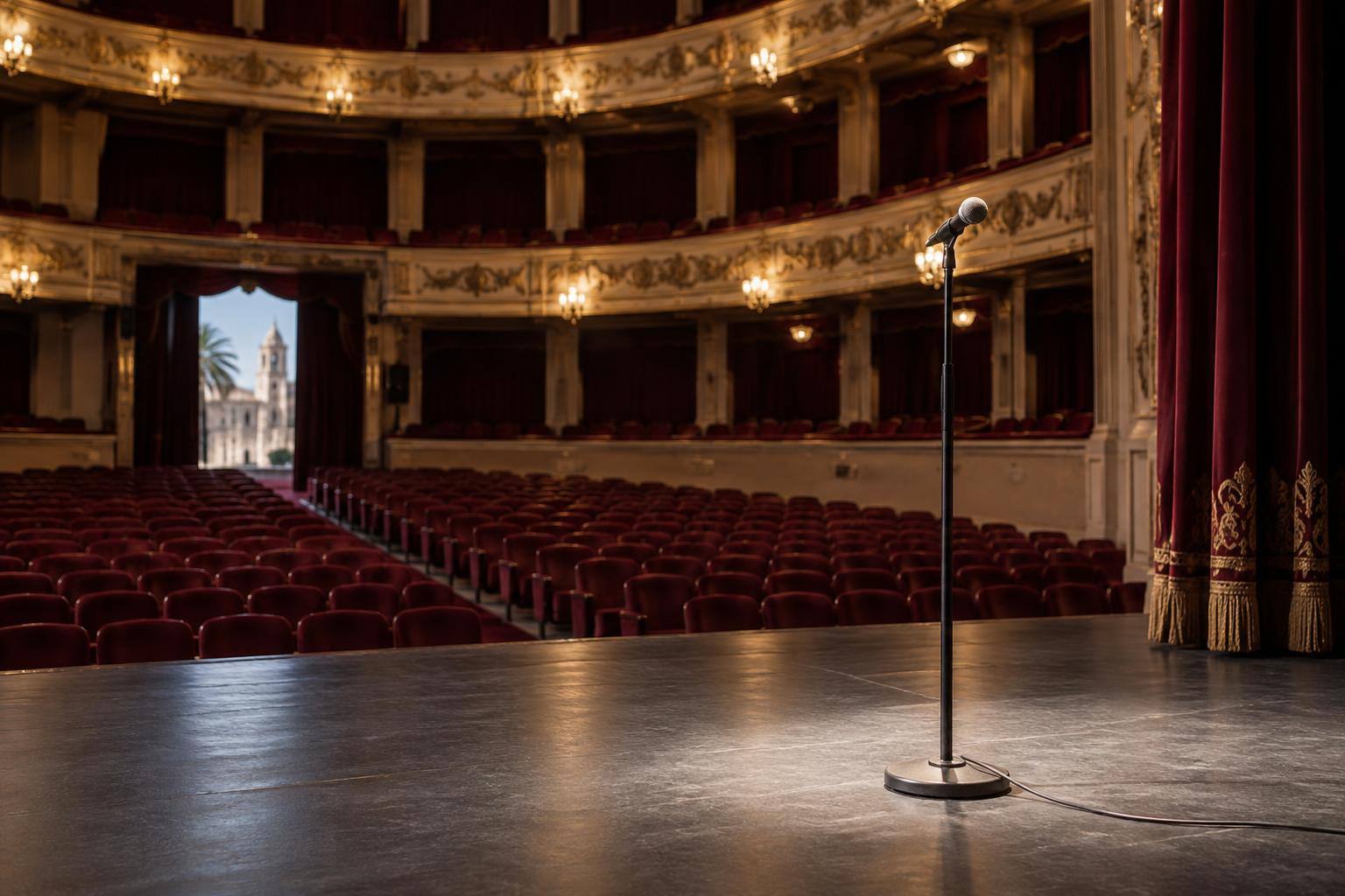 Imagen ilustrativa: Escenario de teatro con un micrófono de pie iluminado y filas de butacas, sin personas.