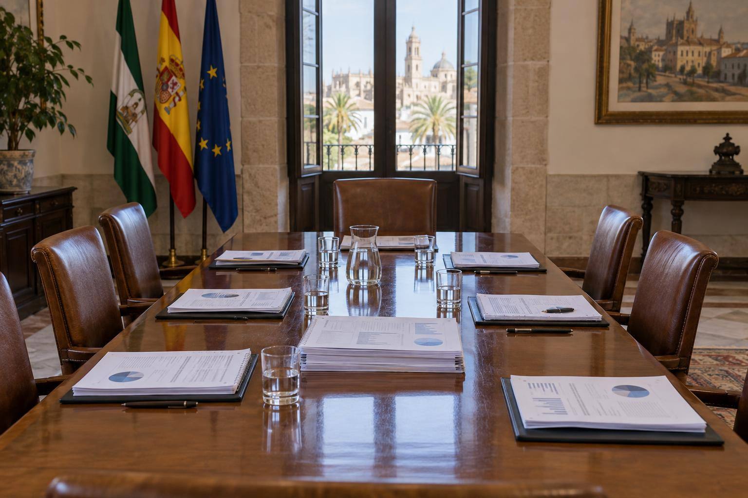 Imagen ilustrativa: Sala institucional de reuniones con siete asientos y documentación presupuestaria sobre una mesa, sin personas