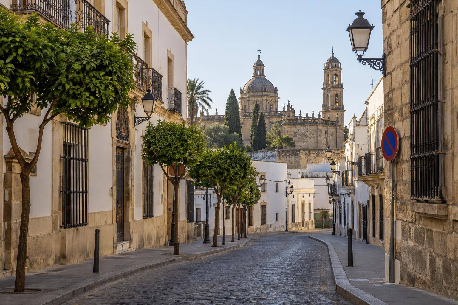 Imagen ilustrativa: Calle de un barrio histórico andaluz con adoquines, aceras, señales de tráfico y farolas, sin personas reconocibles.
