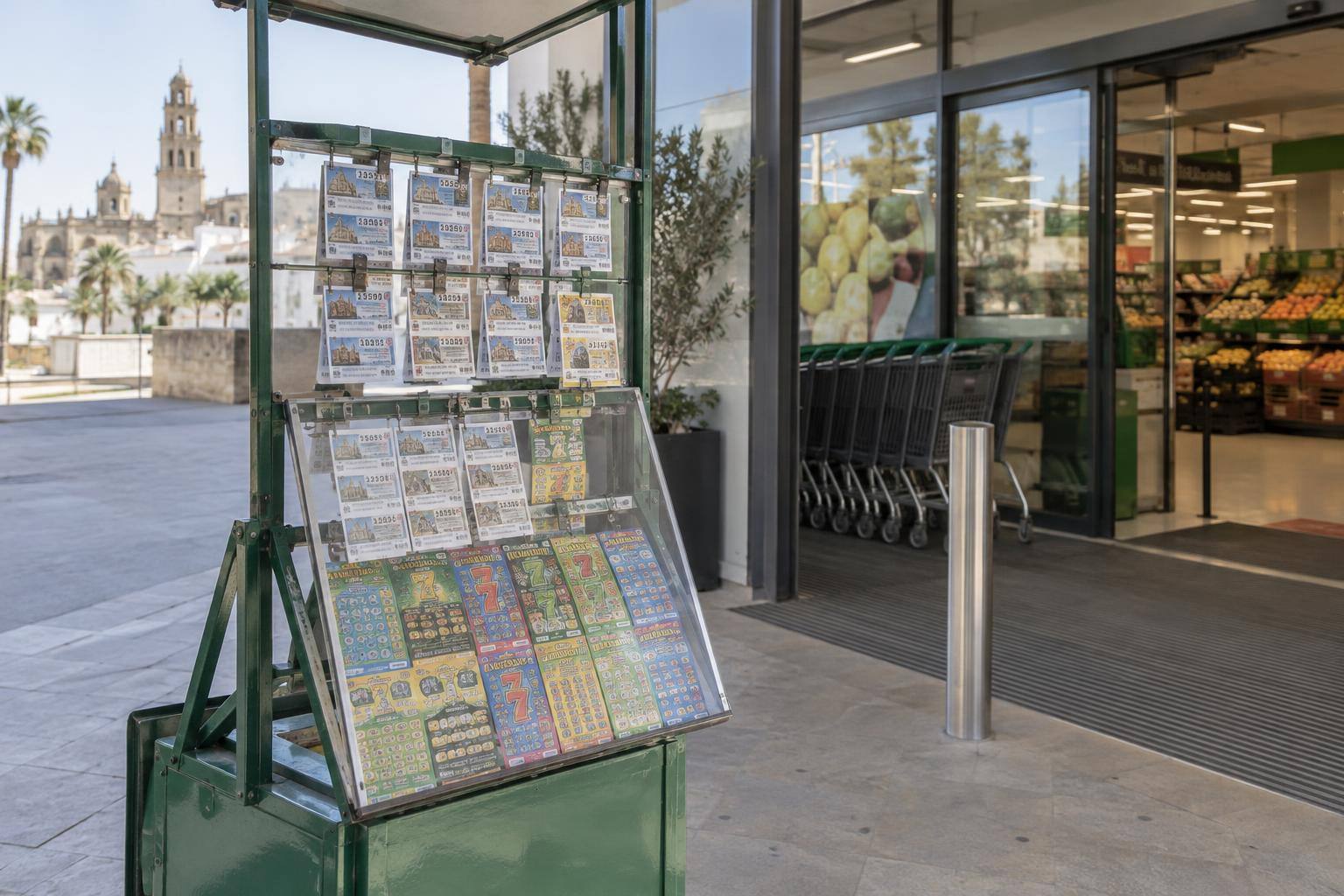 Imagen ilustrativa: Expositor de cupones de lotería junto a la entrada de un supermercado, sin personas reconocibles.