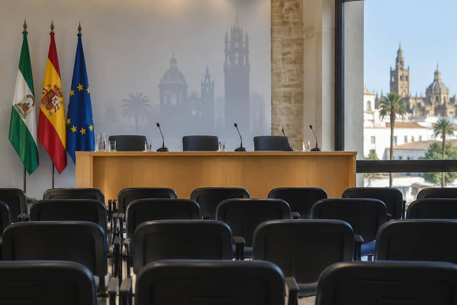 Imagen ilustrativa: Sala de conferencias con filas de sillas vacías y una mesa con micrófono, sin personas ni carteles identificables.