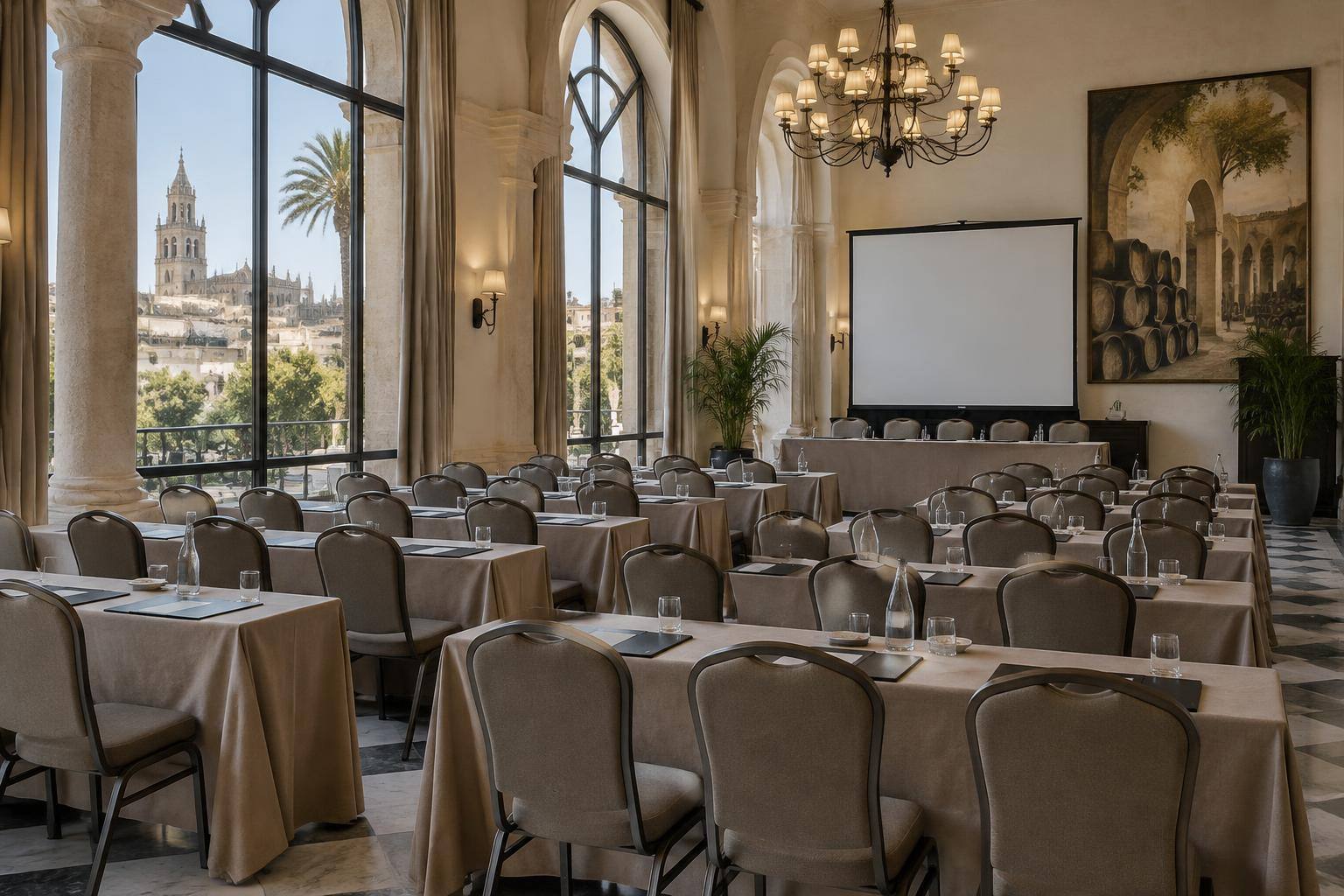 Imagen ilustrativa: Salón de hotel con mesas y sillas dispuestas para una reunión, sin personas reconocibles