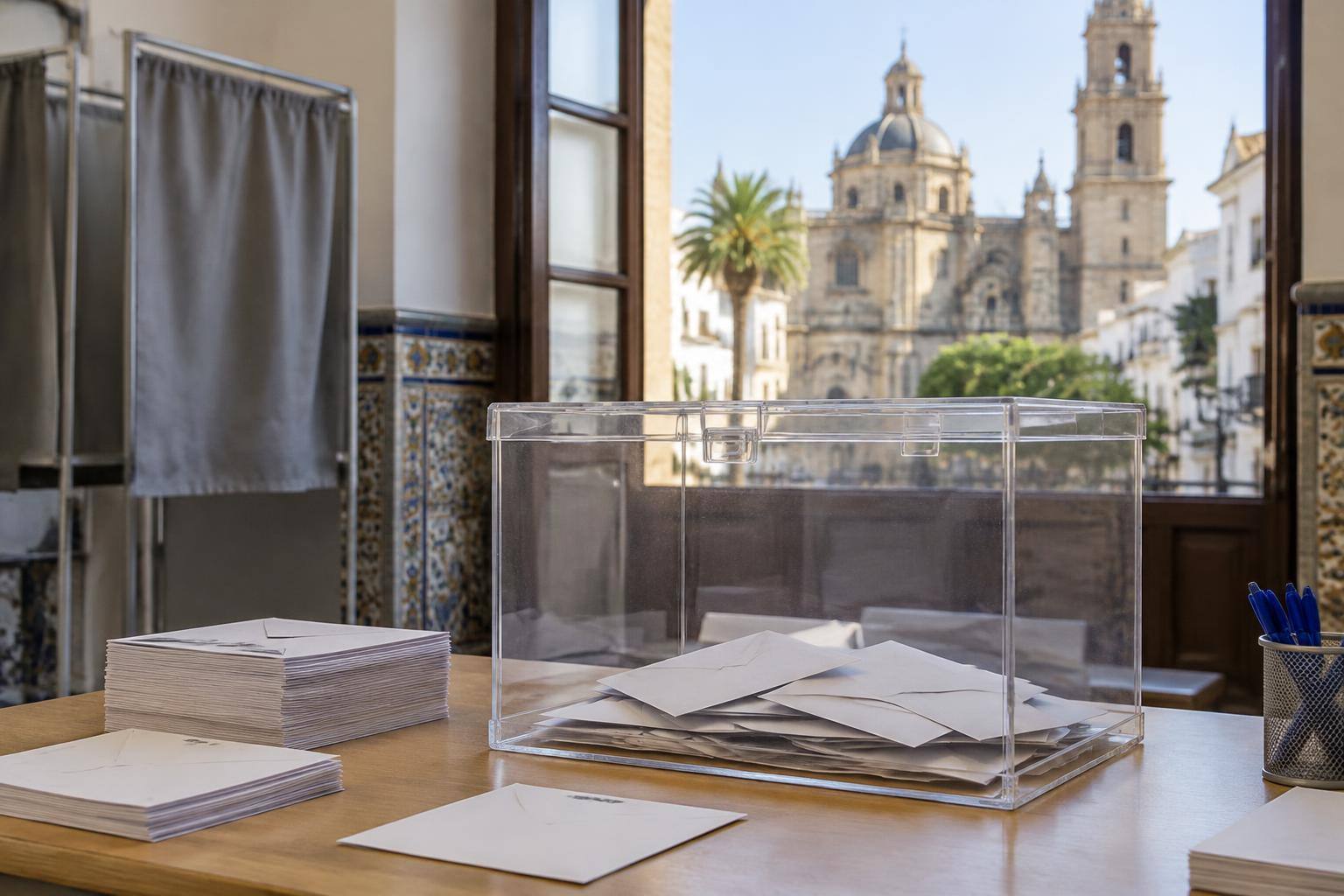 Imagen ilustrativa: Urna electoral transparente sobre una mesa con sobres y papeletas, sin personas ni datos identificables.