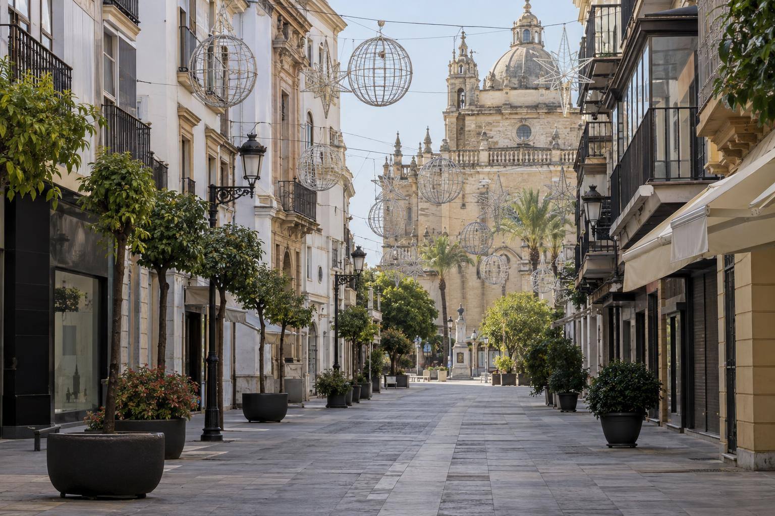 Imagen ilustrativa: Calle comercial peatonal con estructuras de iluminación navideña apagadas suspendidas entre fachadas, sin personas reconocibles
