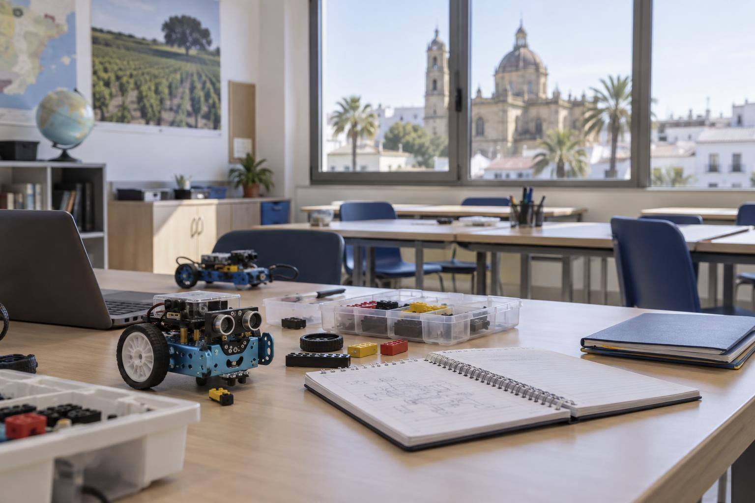 Imagen ilustrativa: Aula educativa con pequeños robots, materiales de experimentación y cuadernos sobre las mesas, sin personas.