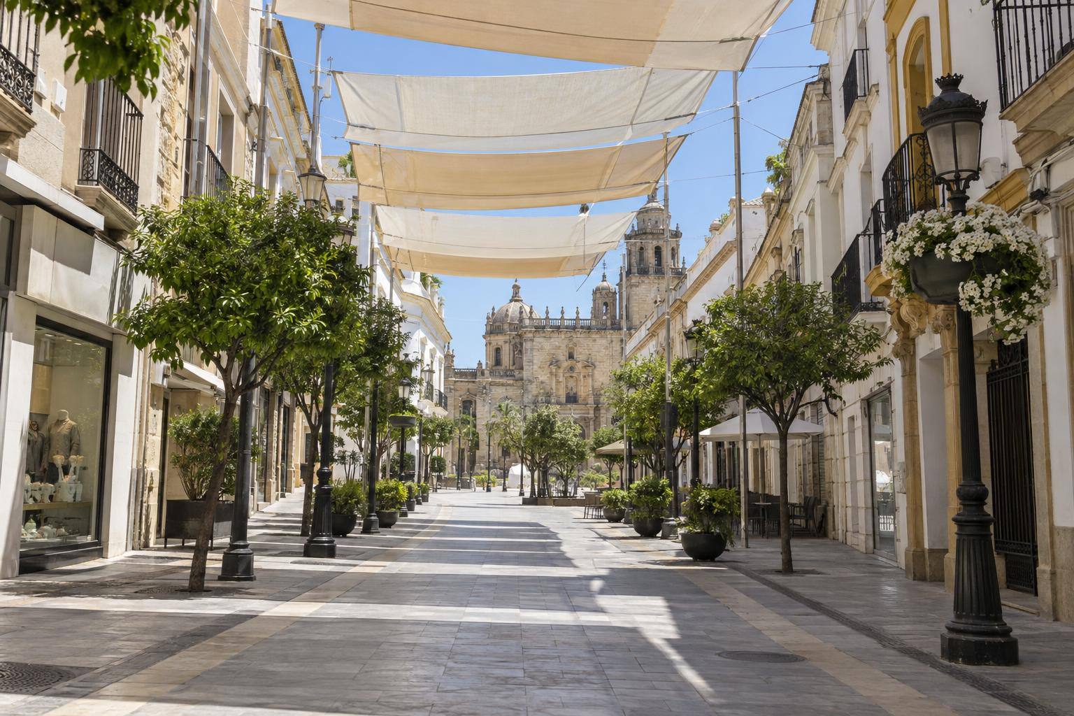 Imagen ilustrativa: Calle comercial peatonal con toldos elevados sostenidos por cables y báculos, sin personas reconocibles.