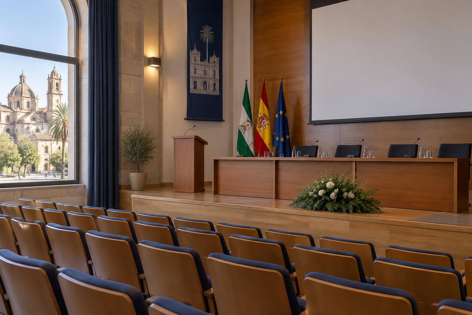 Imagen ilustrativa: Salón de actos universitario con atril, mesa de ponentes y filas de butacas vacías.