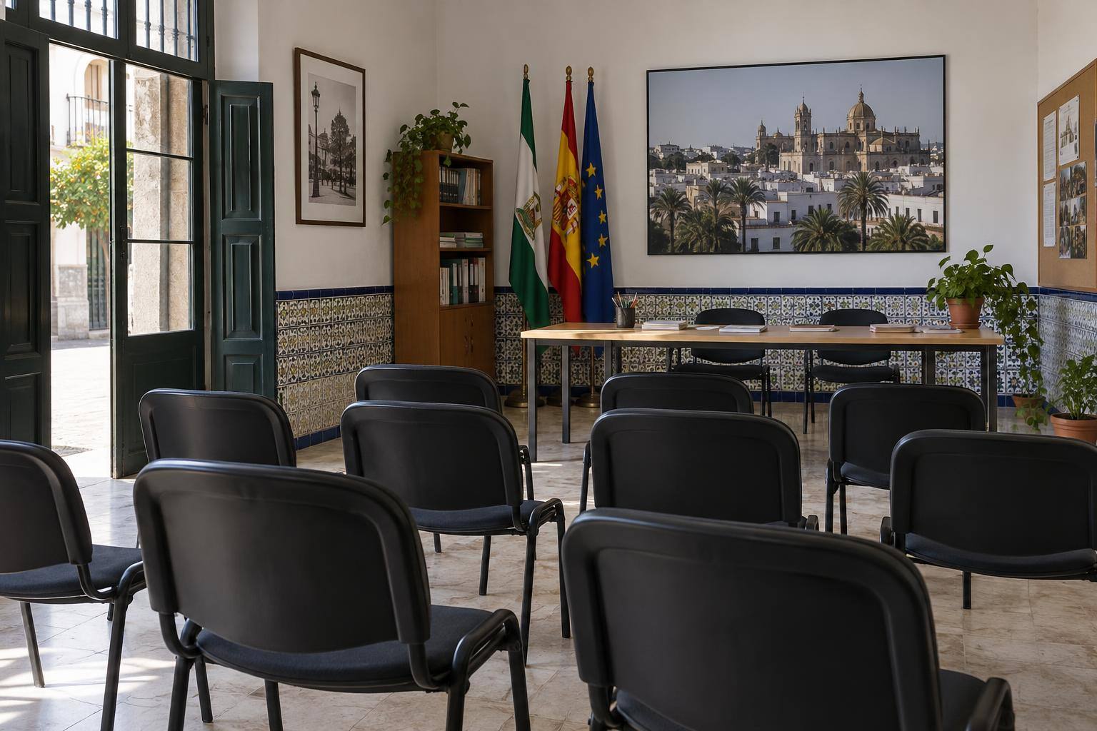 Imagen ilustrativa: Sala de una asociación vecinal con sillas dispuestas para una reunión y una mesa de trabajo, sin personas.