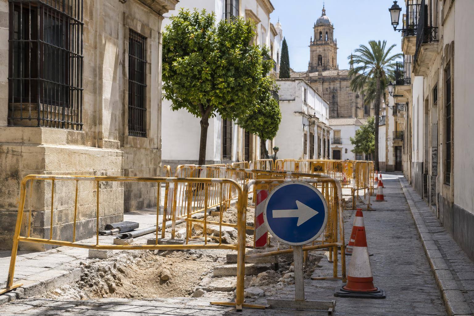Imagen ilustrativa: Calle urbana estrecha con vallas de obra y señalización temporal de tráfico, sin personas reconocibles.