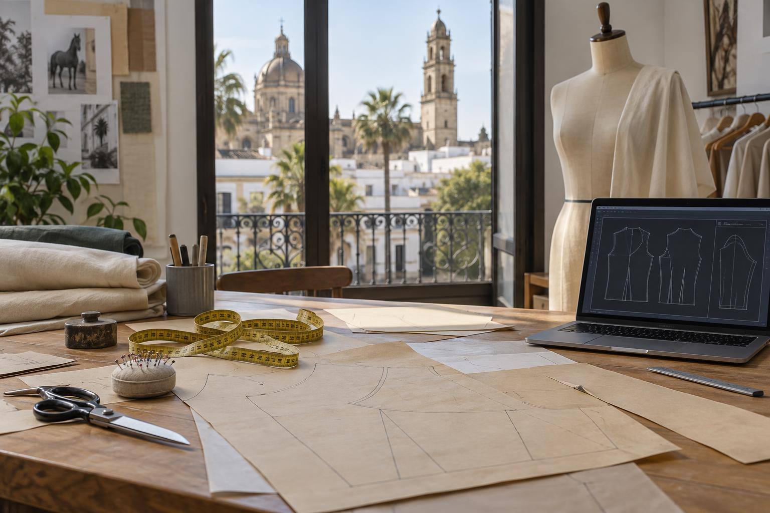 Imagen ilustrativa: Mesa de patronaje con patrones de papel, cinta métrica y un ordenador que muestra trazados geométricos de prendas, sin personas ni marcas visibles