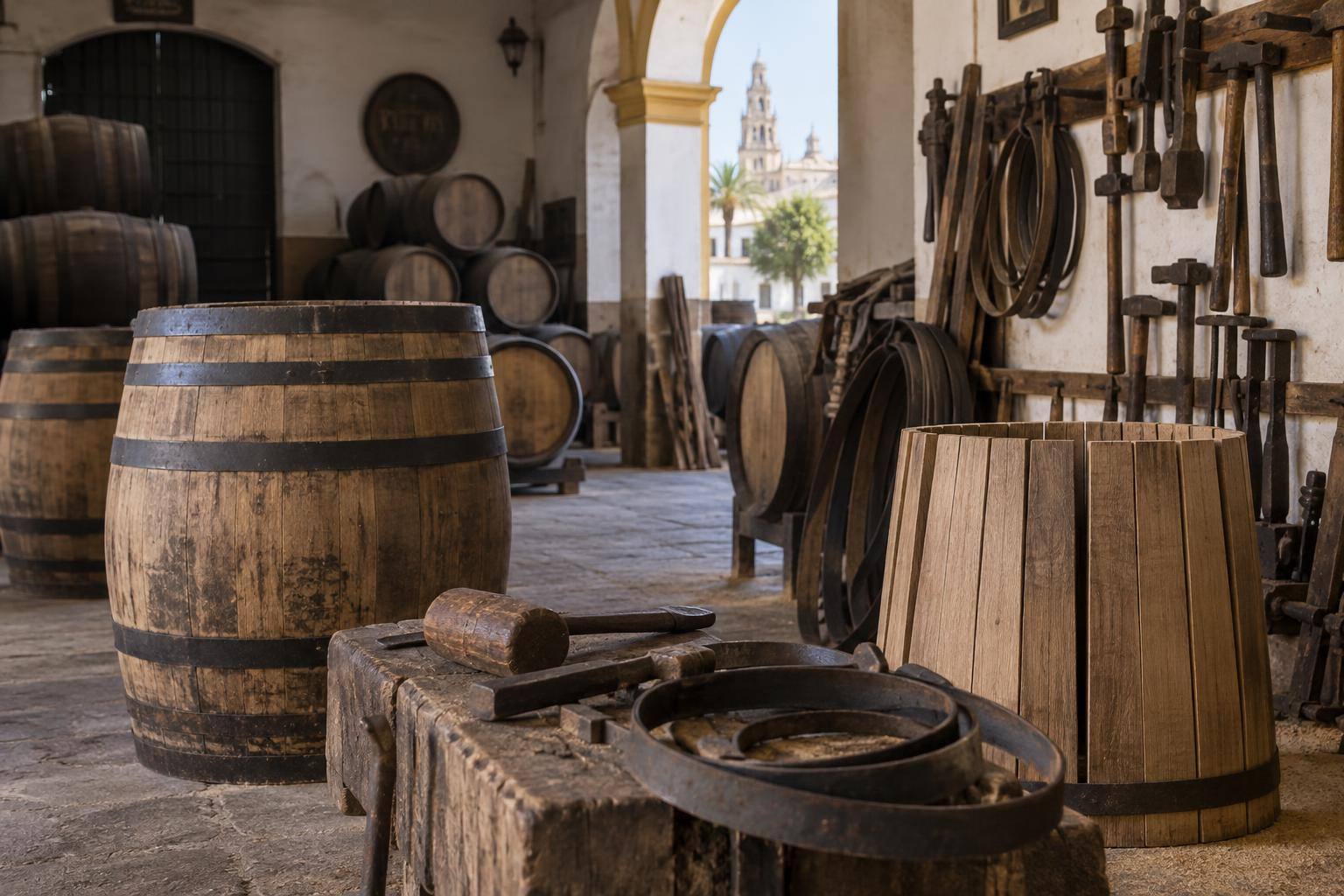 Imagen ilustrativa: Interior de un taller de tonelería con barricas de madera, aros metálicos y herramientas, sin personas ni marcas identificables.