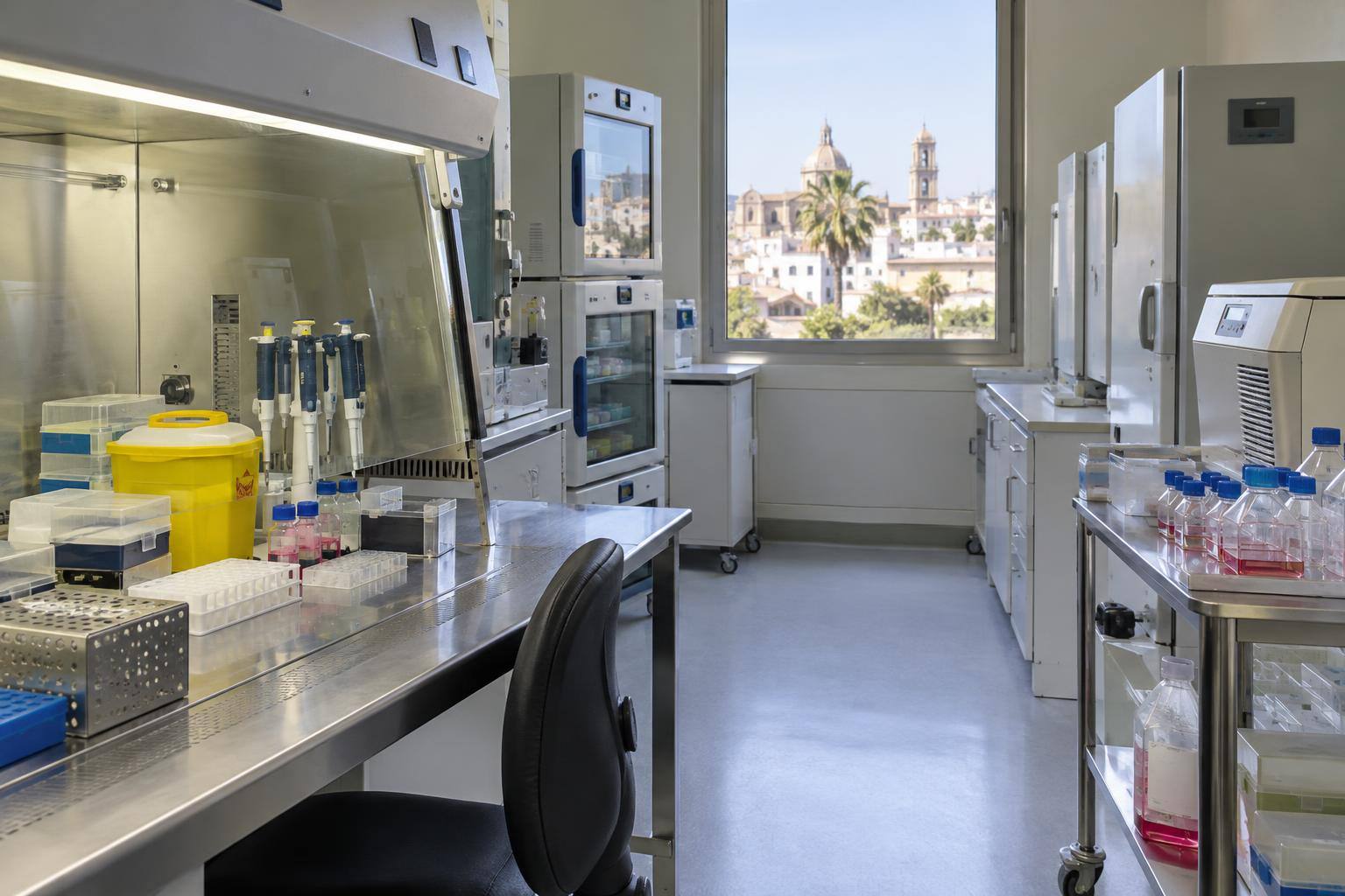 Imagen ilustrativa: laboratorio hospitalario con equipos de conservación celular y superficies de trabajo, sin personas identificables