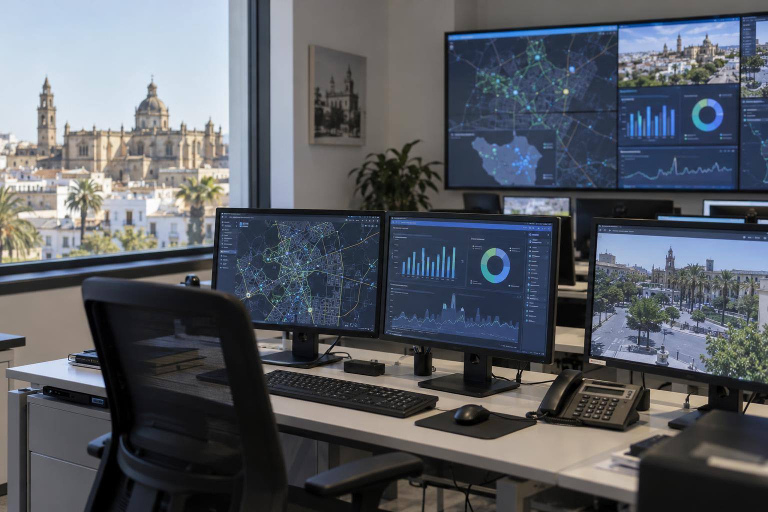 Imagen ilustrativa: sala de trabajo tecnológico con ordenadores y pantallas de visualización de datos urbanos, sin personas reconocibles